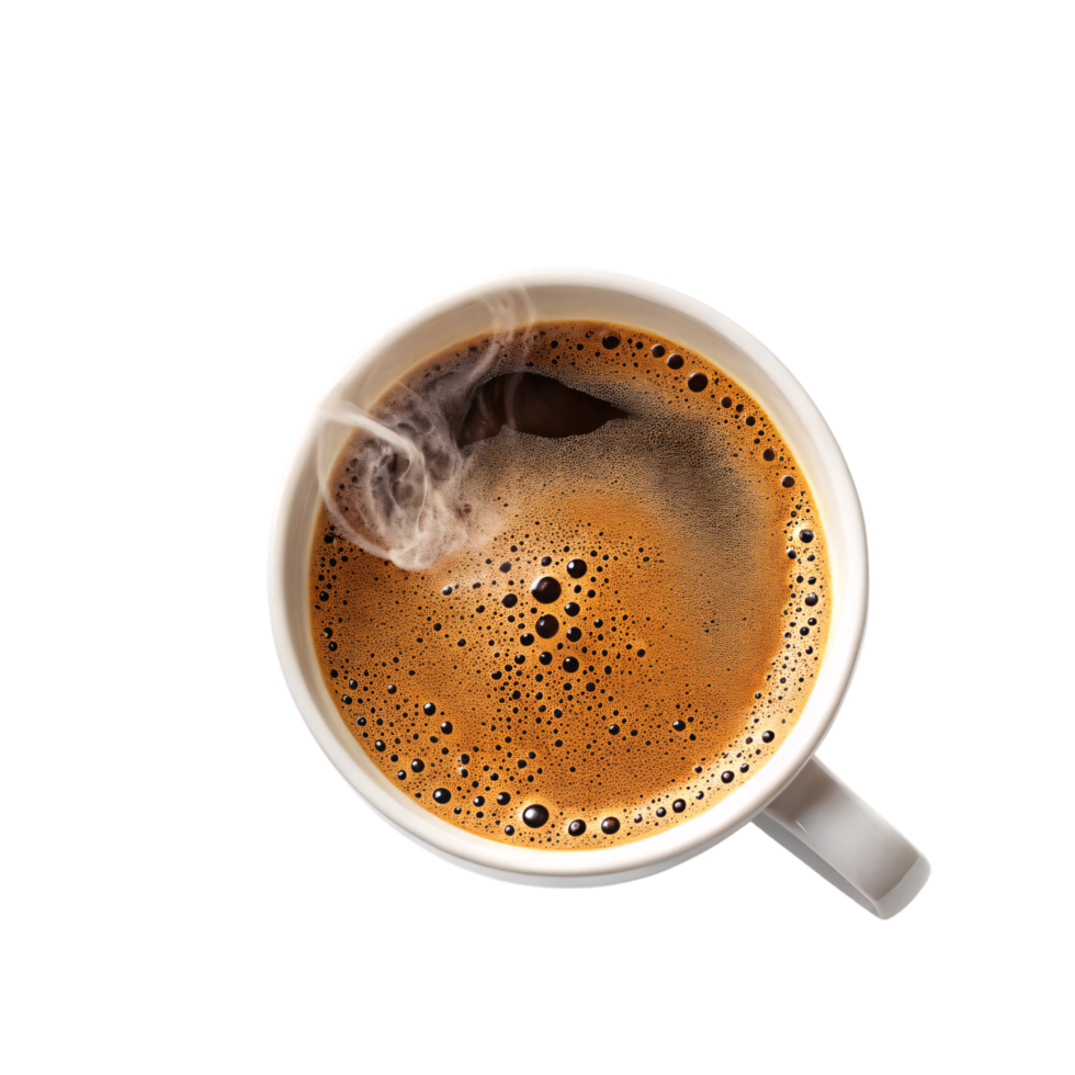 Steaming cup of rich, frothy coffee in a white mug, with bold bubbles and aromatic wisps curling upward png