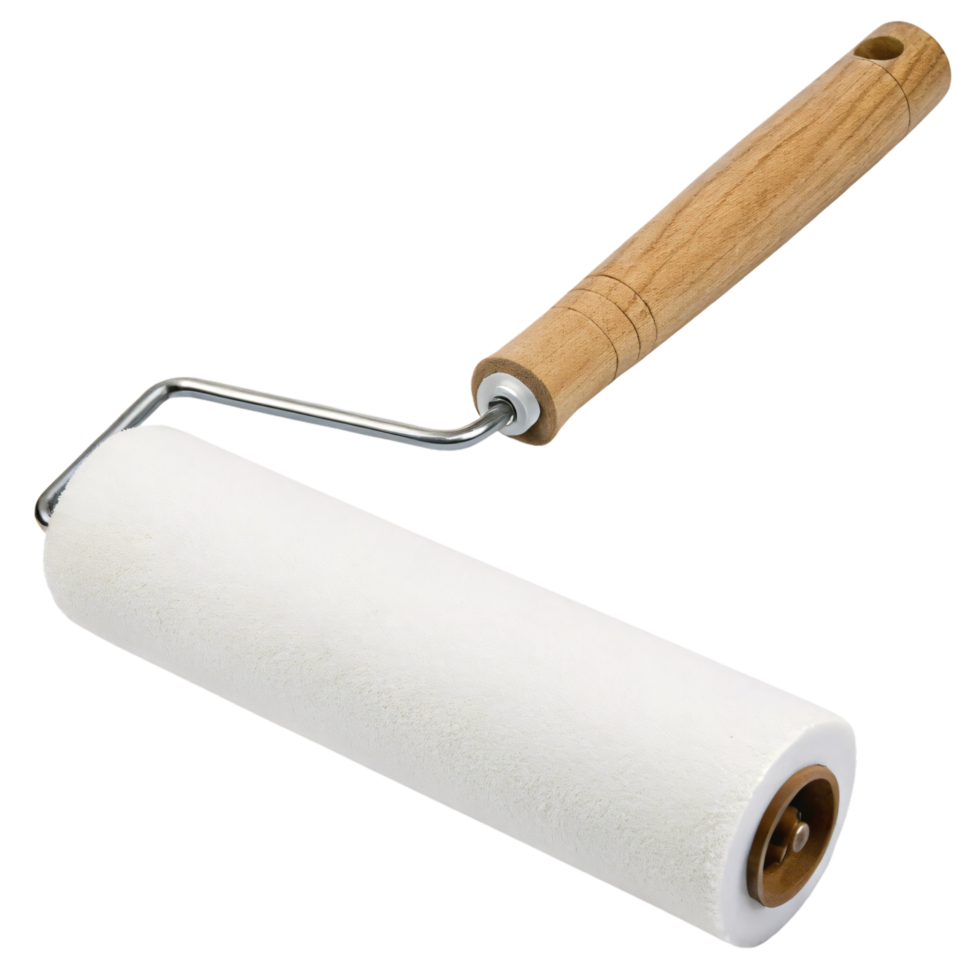 A slightly angled paint roller with a soft white head and ergonomic wooden handle, perfect for professional and DIY projects png