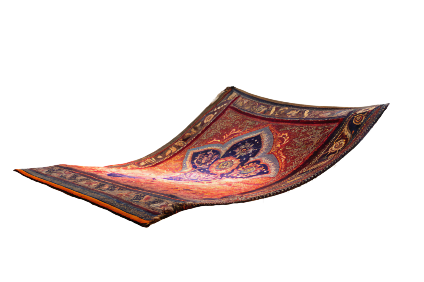 A magical-looking flying carpet with a glowing centerpiece design, featuring detailed blue and gold patterns, evoking a fantastical and enchanting ambiance png