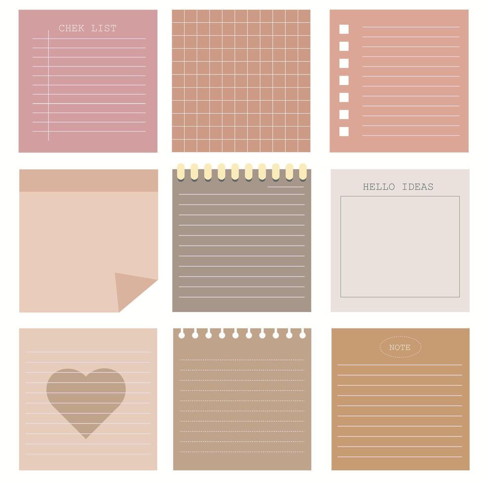 memo template. A collection of striped notes, blank notebooks, and torn notes used in a diary or office. vector