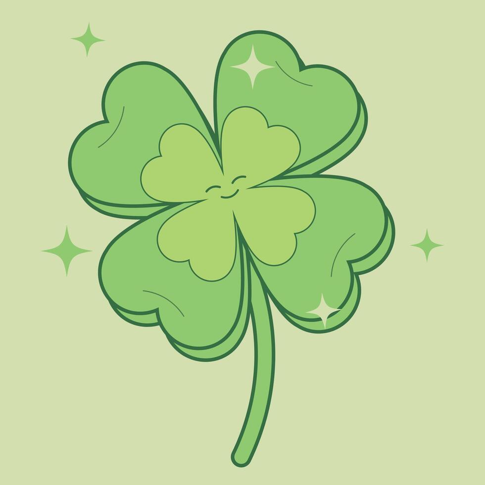 Four leaf lucky clover for st. Patrick's day in groovy style. Retro cartoon of lucky clover for Patricks day. vector