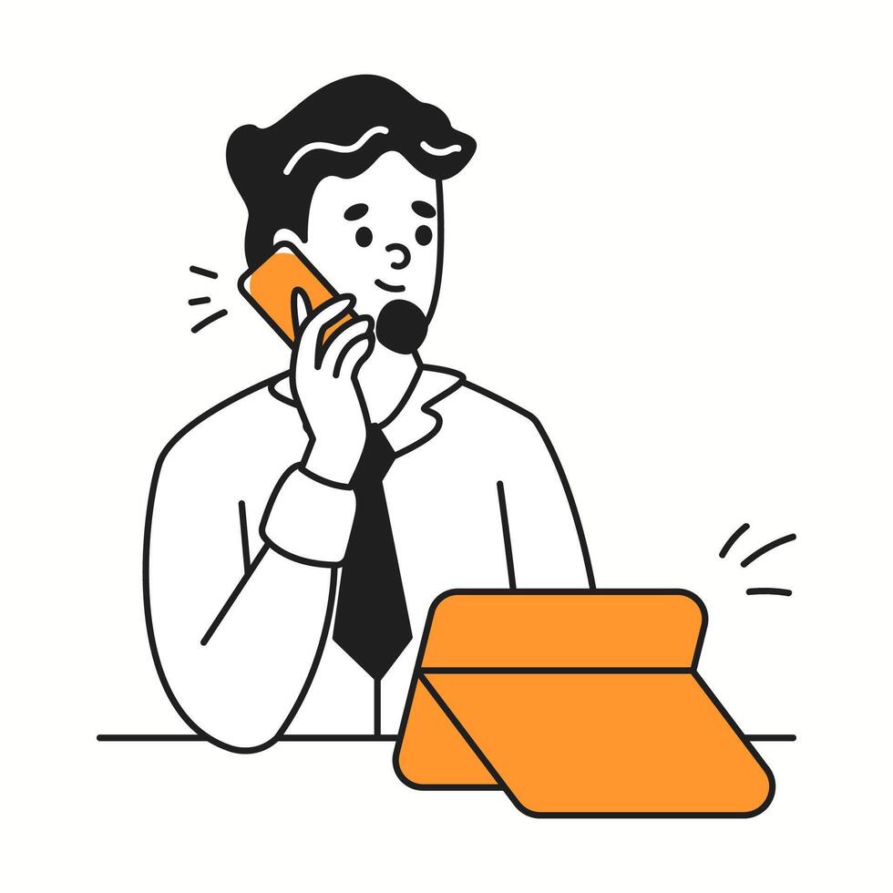 Office worker with phone and tablet orange color linear icon. Managing tasks in dynamic and work environment character doodle illustration vector