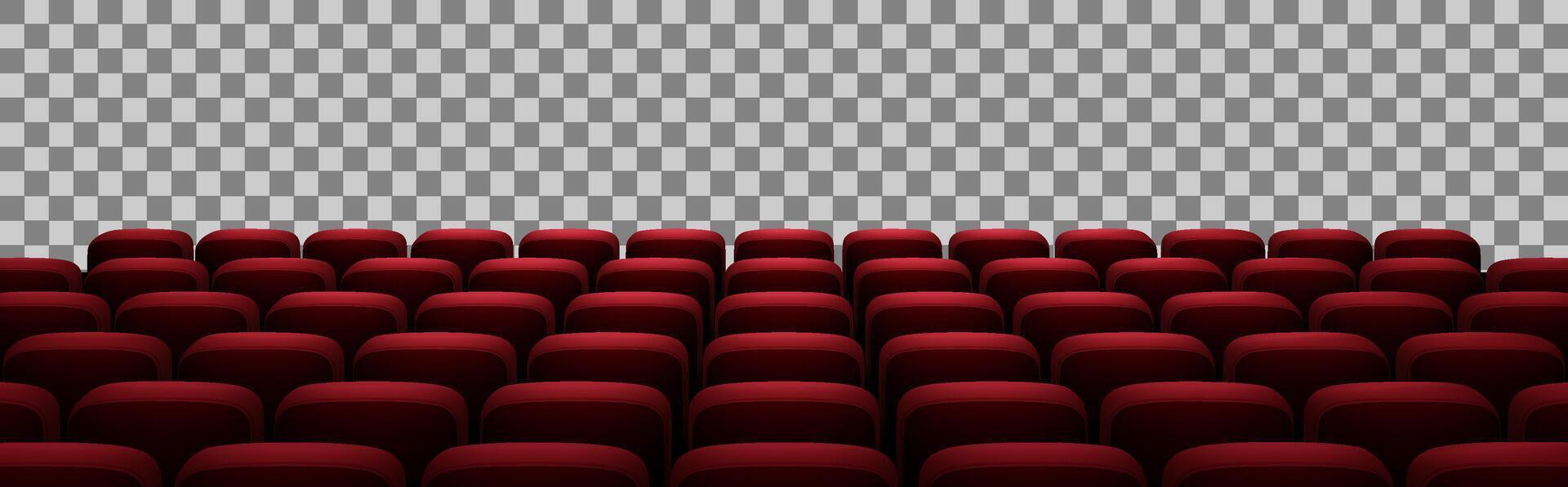Realistic 3D illustration of a cinema hall with multiple rows of red velvet seats arranged in a semi-circle. The background is making it suitable for various design projects. vector
