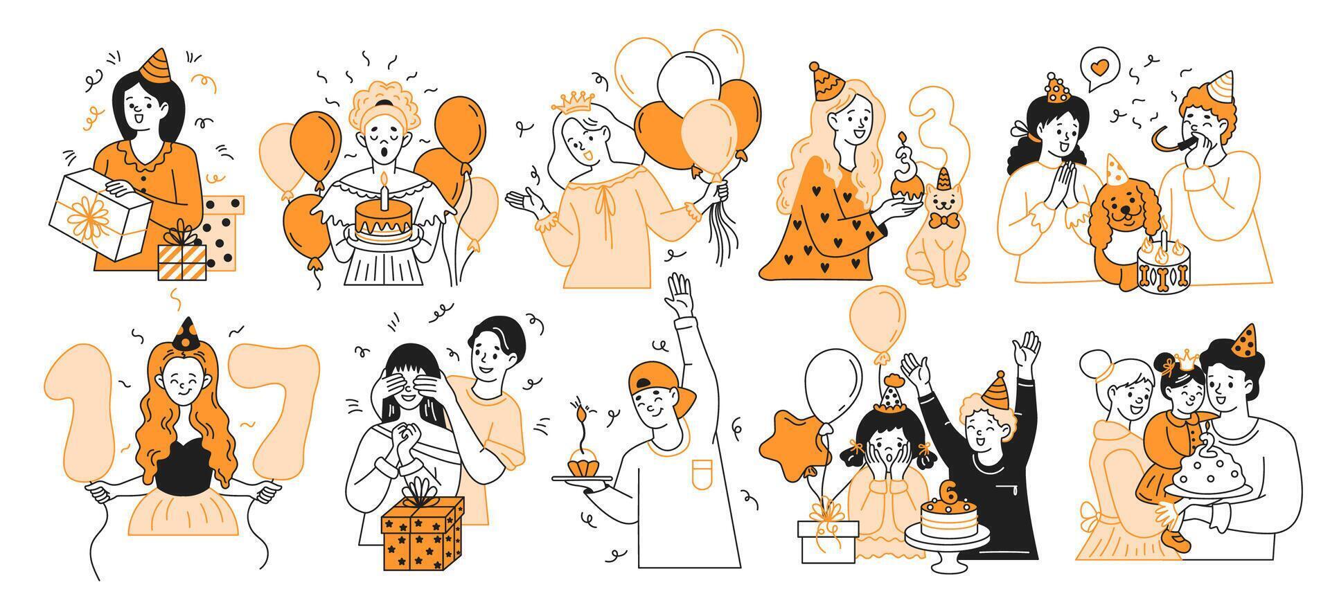Happy people celebrating birthday color linear icons collection. Joyful adults and kids on holiday doodle characters on white background vector