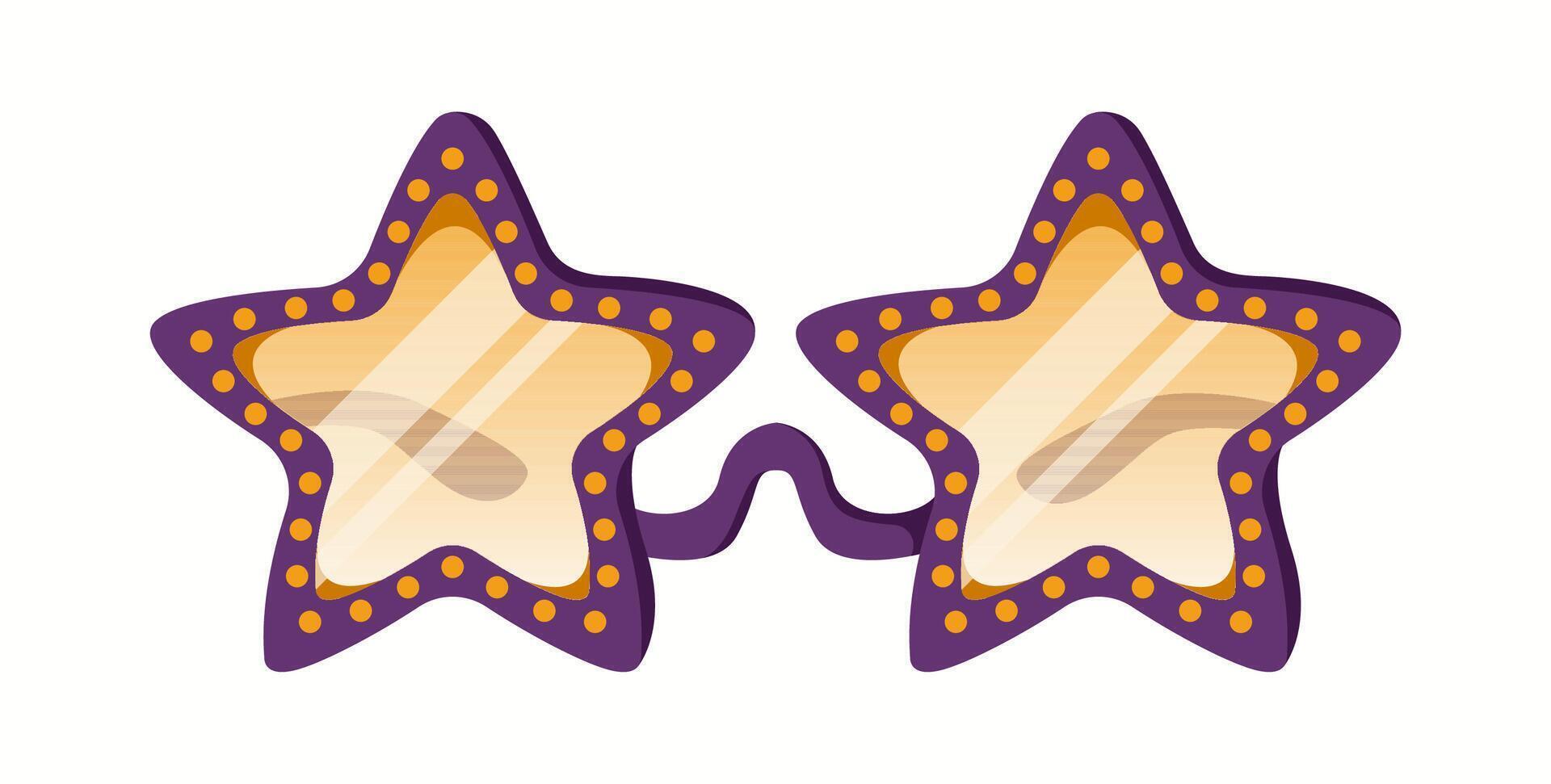 Funky star-shaped sunglasses with a bold purple frame and yellow dotted accents. A playful and eye-catching fashion accessory for parties and festivals. vector