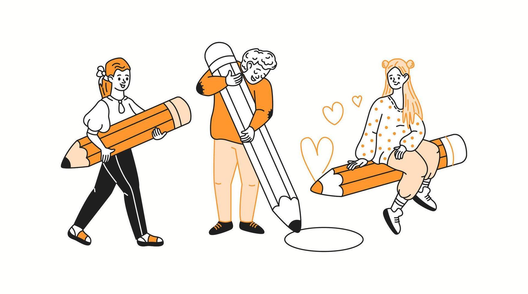 Young artists use enormous pencils color linear icons collections. Creative students producing vibrant drawings doodle characters on white background vector