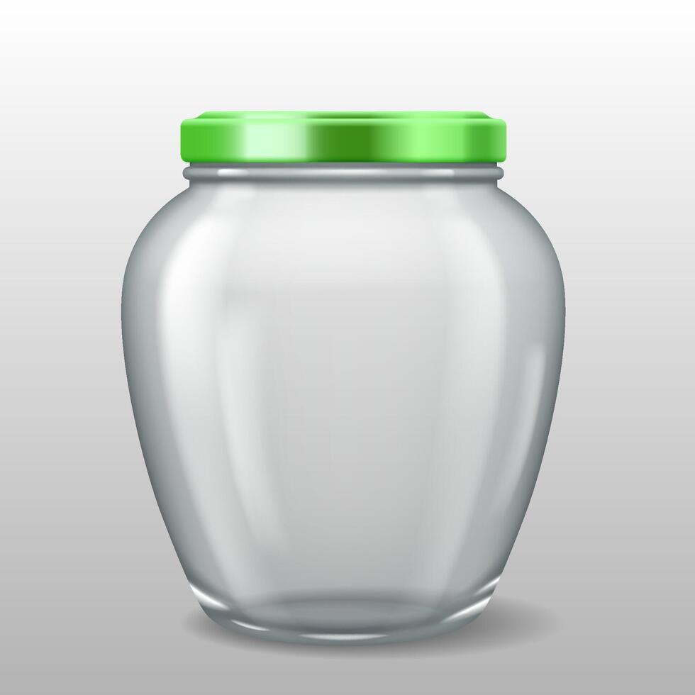 Realistic 3D illustration of a rounded glass jar with a green lid. Suitable for food preservation, spices, and ingredient storage. vector