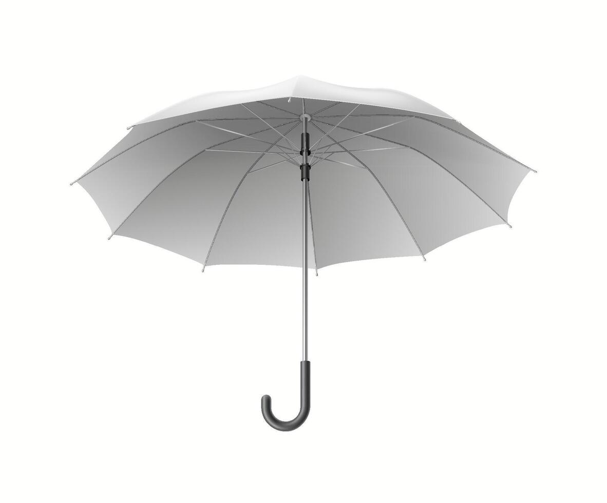 Classic open umbrella-cane with handle realistic illustration. Parasol with designs mockups for rainy weather and insurance 3d object on white vector