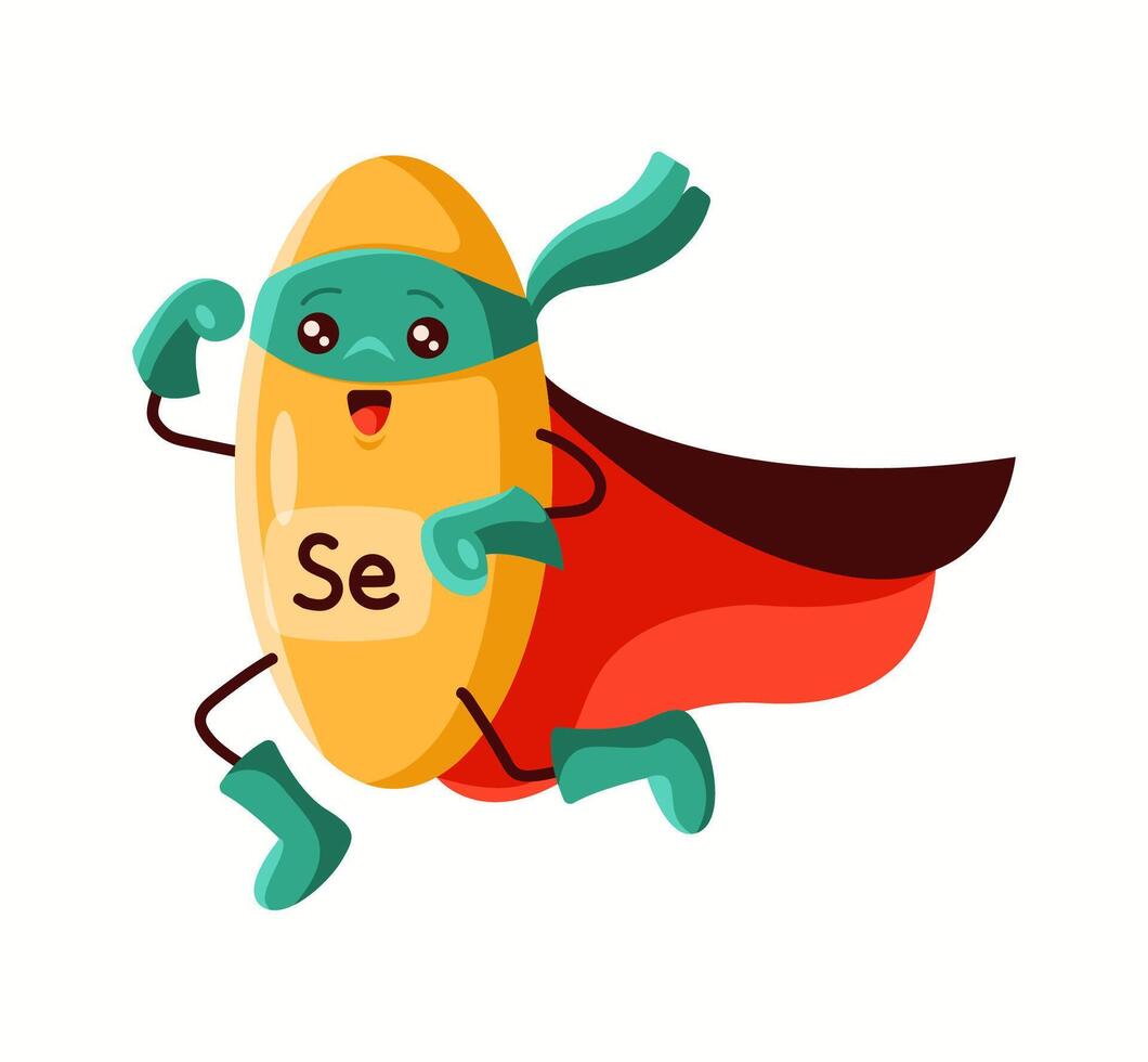 Illustration of a selenium superhero character in yellow with a red cape, symbolizing its antioxidant properties and immune system support. vector