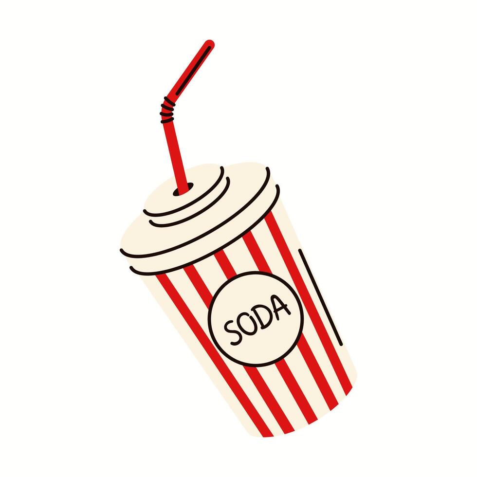 Illustration of a classic soda drink cup with red and white stripes and a straw. Flat design style representing a takeaway beverage. vector