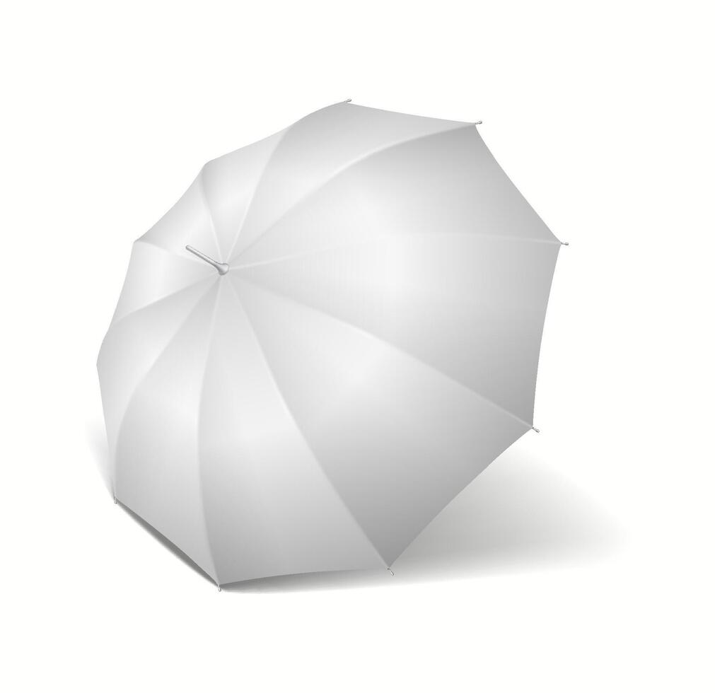Classic white umbrella dome casting subtle shadow realistic illustration. Rainy weather accessory 3d object on white background vector