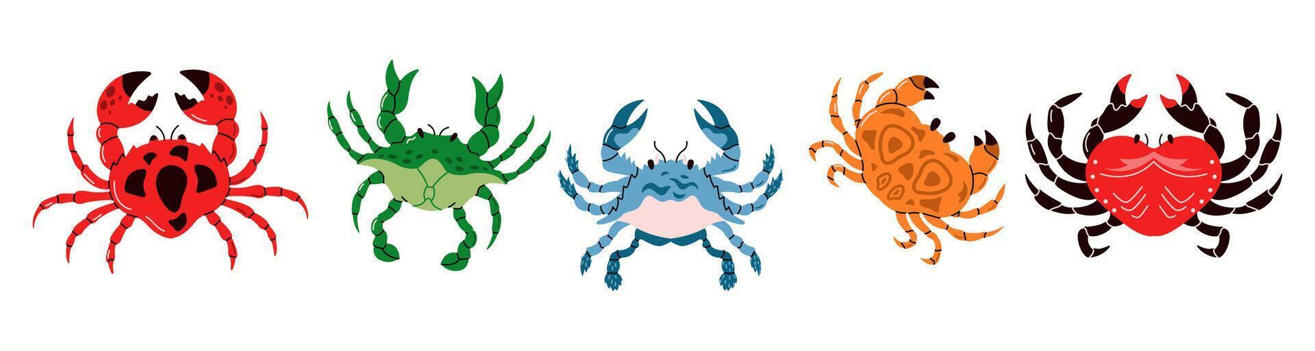 Colourful cartoon crabs flat color icons set. Vibrant seafood scene features different crabs with big claws pack on white background vector
