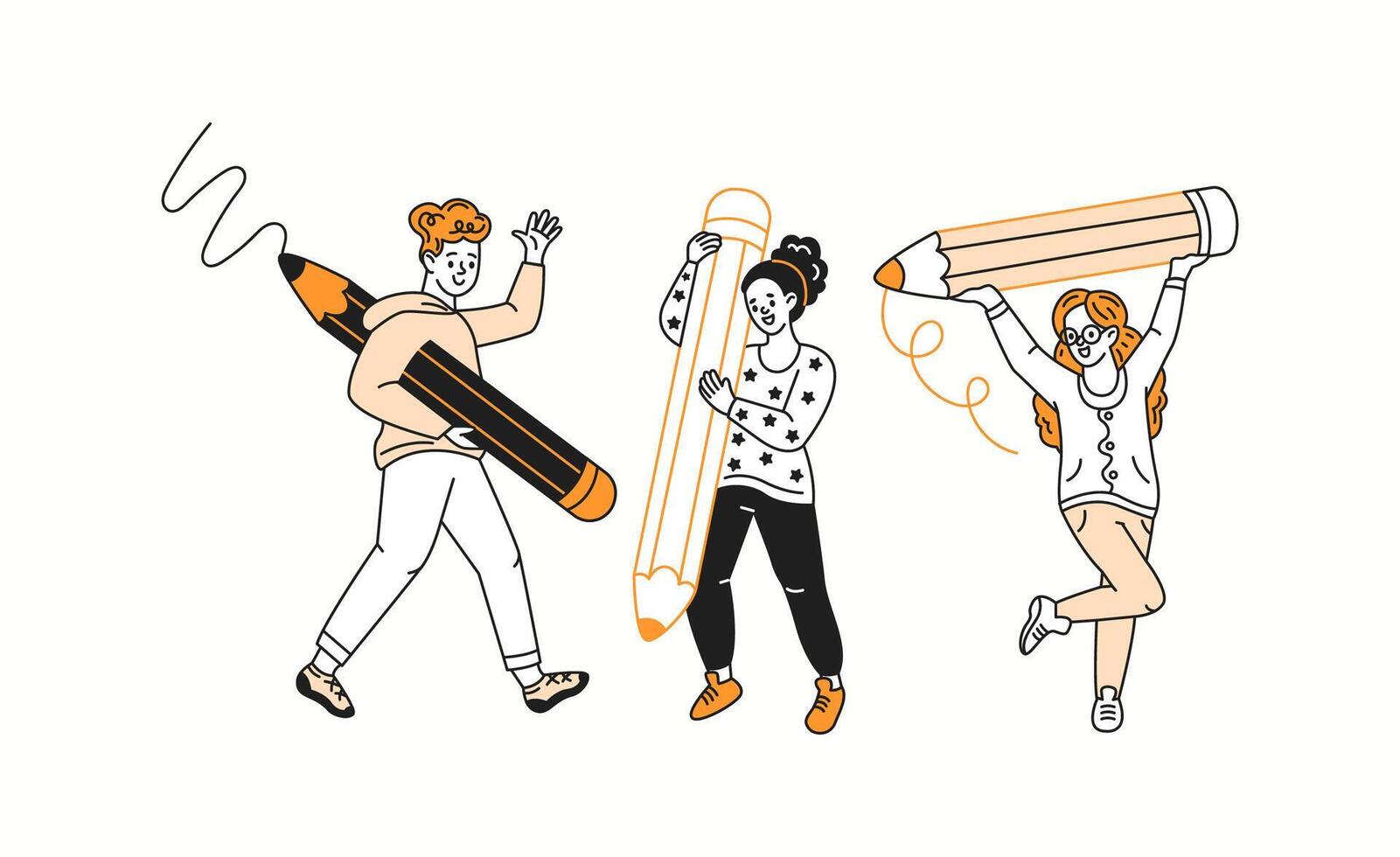 Pupils use large pencils to draw color linear icons collection. Teenagers enjoy creative activity during art class doodle characters on white background vector