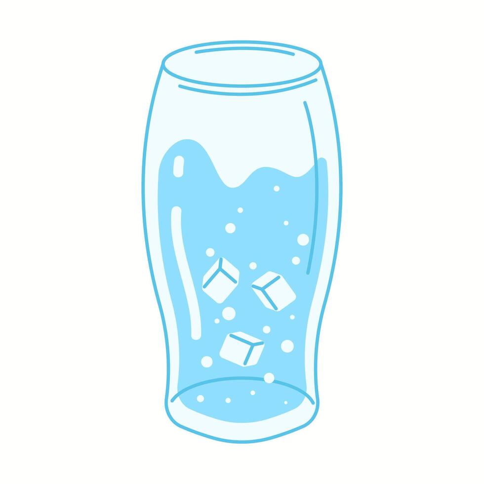 Illustration of a tall glass filled with fresh drinking water and floating ice cubes, representing cooling hydration. vector