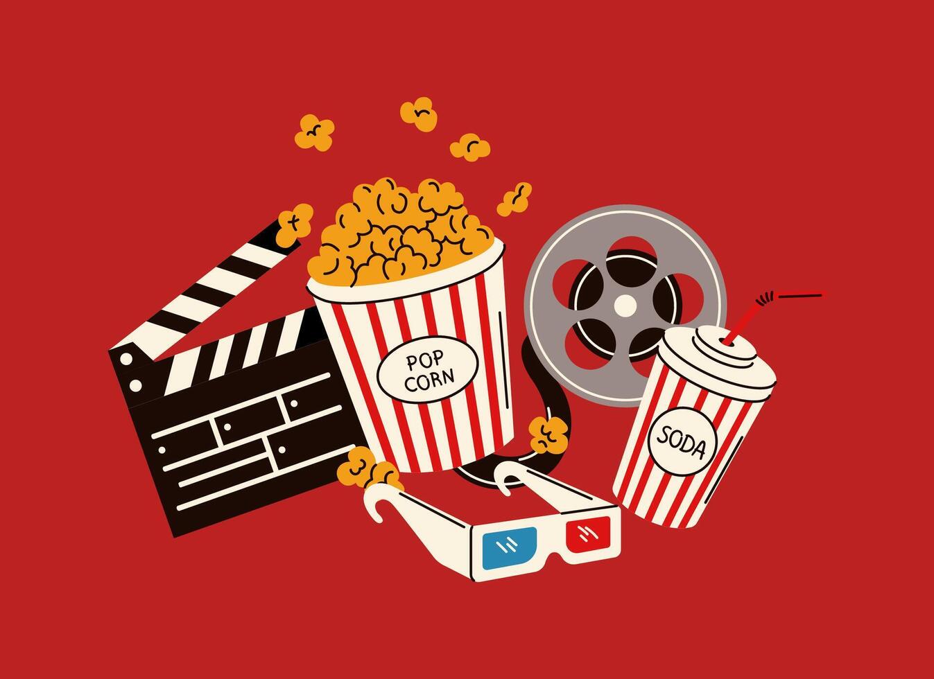 Illustration featuring movie night essentials, including popcorn, a film reel, clapperboard, and 3D glasses, drawn in a bold and colorful style. vector