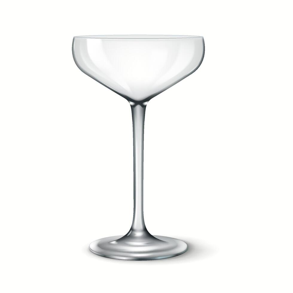 3D realistic illustration of a luxury coupe glass with a wide shallow bowl, ideal for serving champagne and classic cocktails. vector