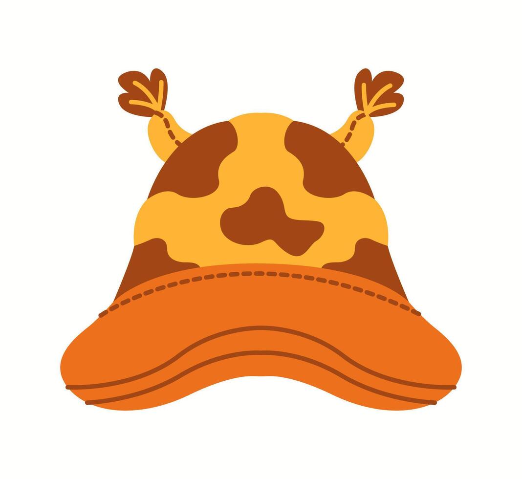 Illustration of a playful cow-print bucket hat with ear-like accents and a stitched brim, designed for animal lovers and trendy kids. vector