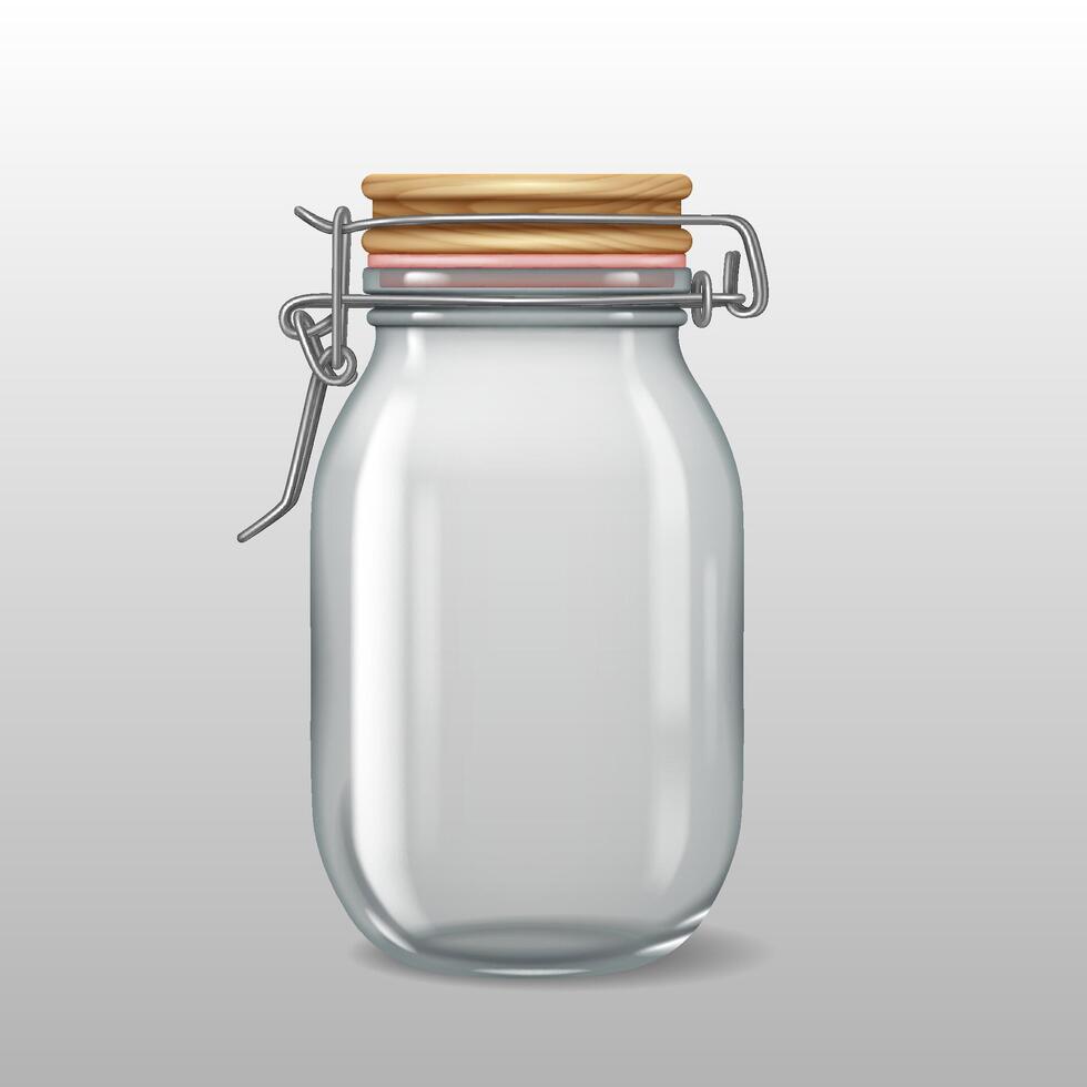 Realistic 3D illustration of a glass storage jar with a wooden clasp lid. Perfect for food preservation, dried ingredients, and decorative purposes. vector