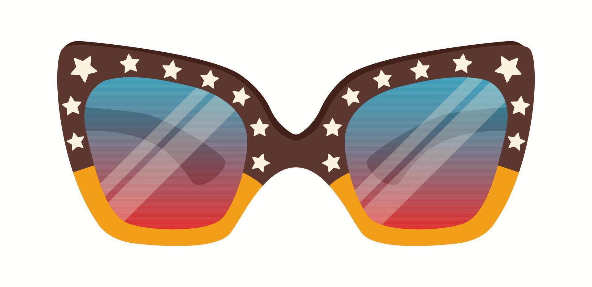 Bold sunglasses with a brown frame, decorated with stars and blue-tinted lenses. A stylish and patriotic fashion statement with vintage inspiration. vector