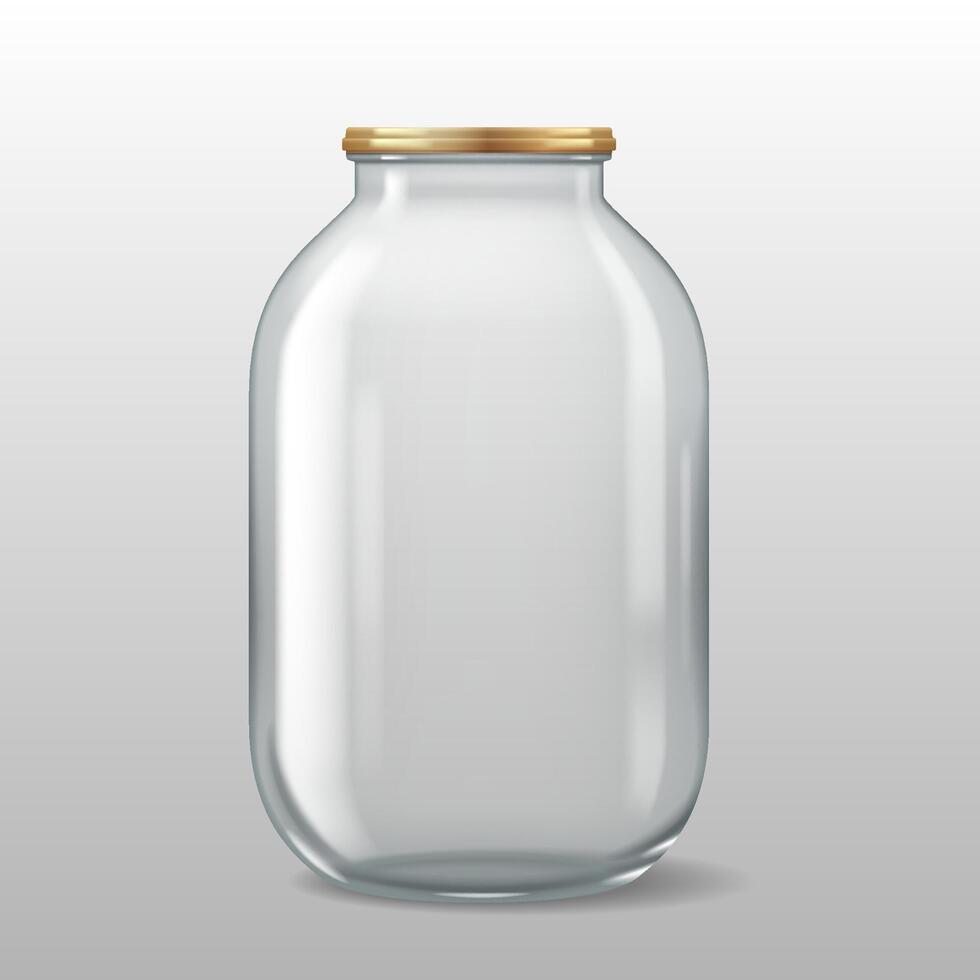 Realistic 3D illustration of a large glass jar with a gold metal lid. Ideal for food storage, pickling, and household use. vector