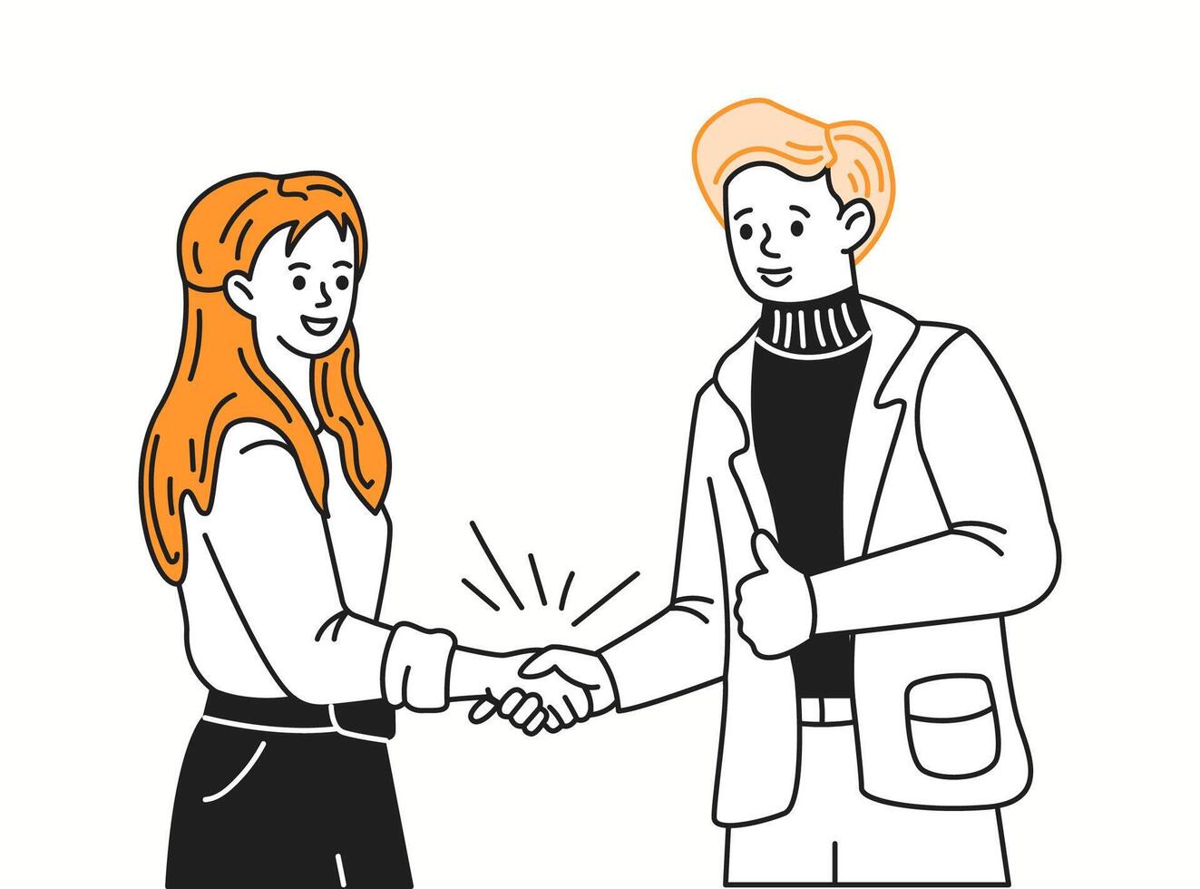 Woman and man shake hands meeting orange color linear icon. Friendly colleagues make greeting gesture characters doodle illustration vector