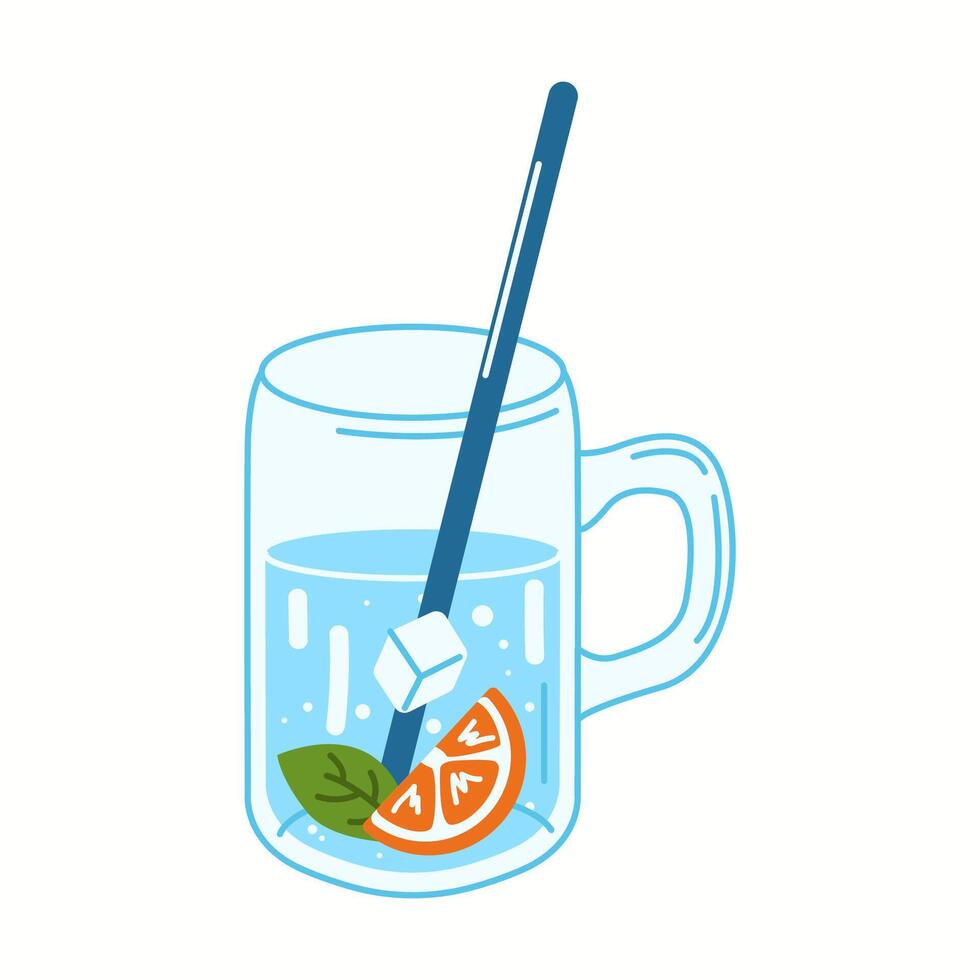 Illustration of a glass mug with a handle, filled with water, ice cubes, a citrus slice, and a straw for refreshing hydration. vector