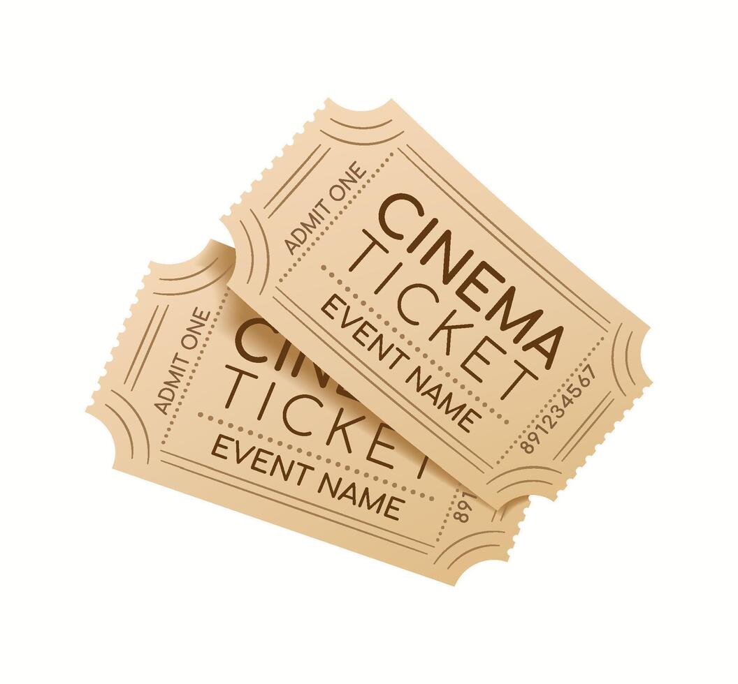 3D illustration of two vintage-style cinema tickets with perforated edges, symbolizing movie admission, entertainment, and cultural events. vector