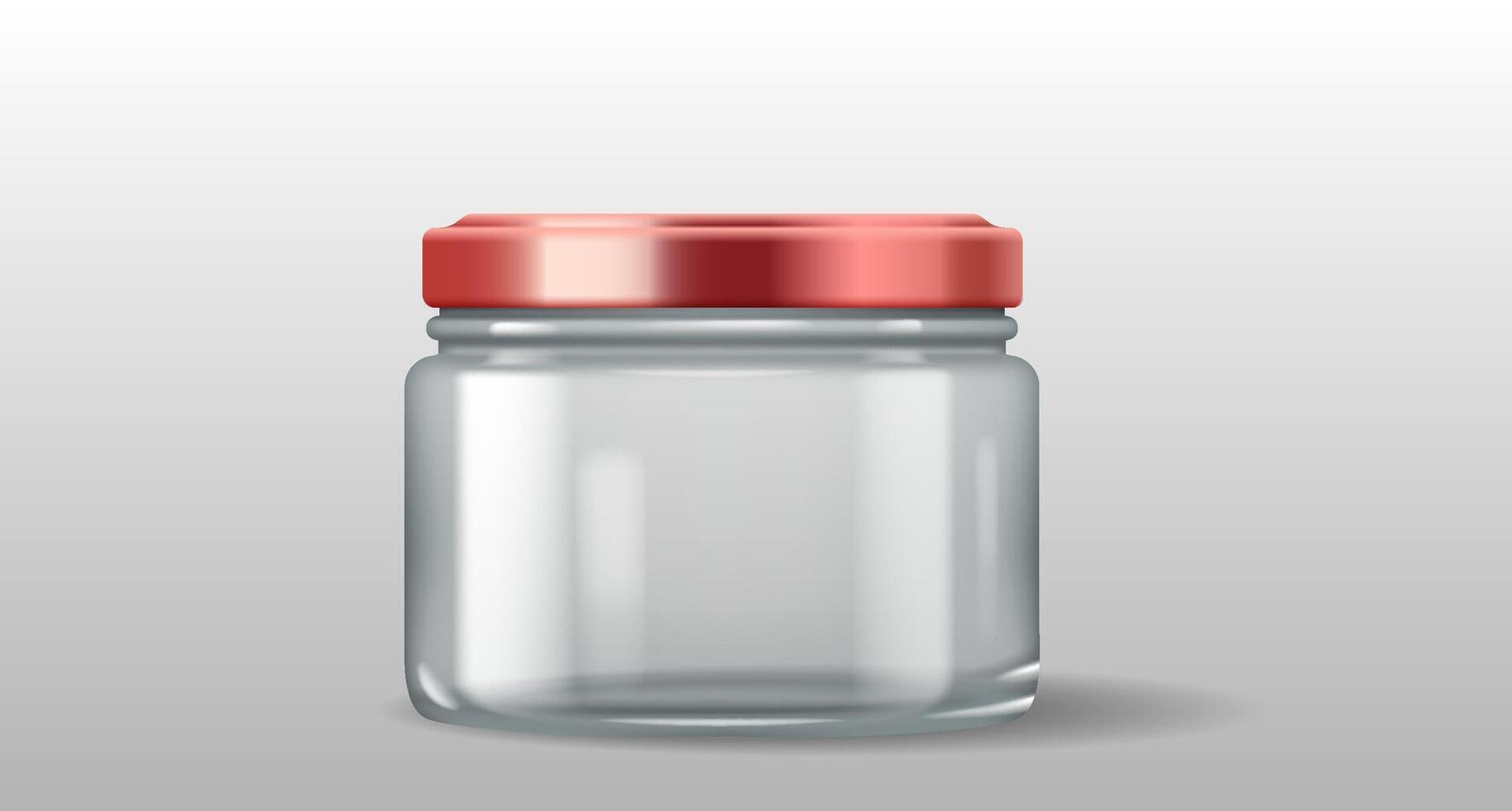Realistic 3D illustration of a short glass jar with a red lid. Perfect for storing spices, sugar, and dried herbs. vector