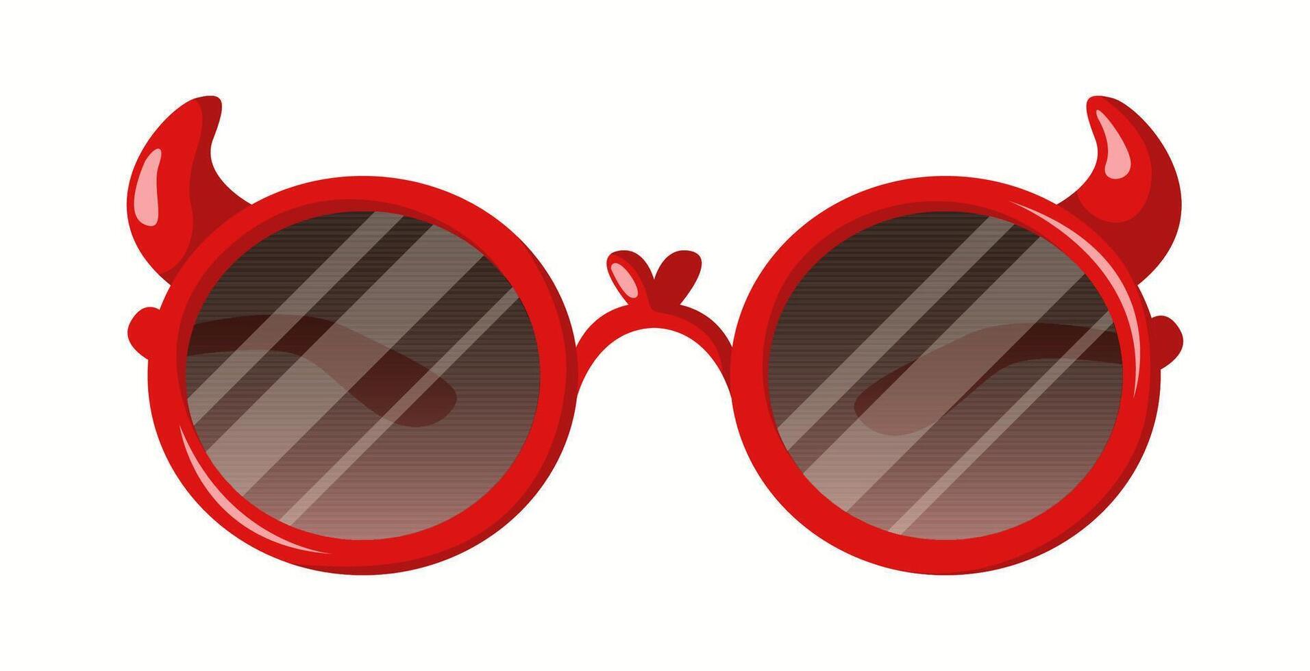 Unique devil-themed sunglasses with a bold red frame, round dark lenses, and playful horn details. A striking and mischievous fashion accessory. vector