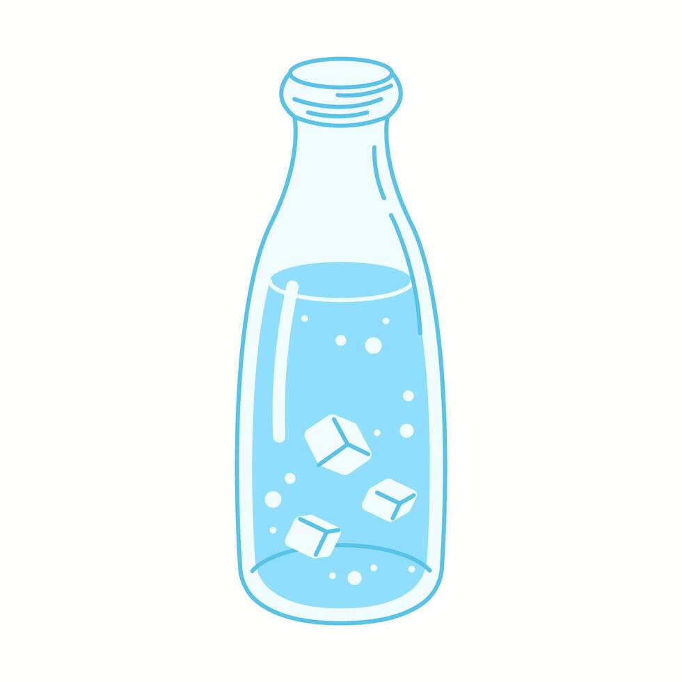 Illustration of a tall and elegant glass bottle filled with fresh drinking water and floating ice cubes, symbolizing purity and cooling refreshment. vector
