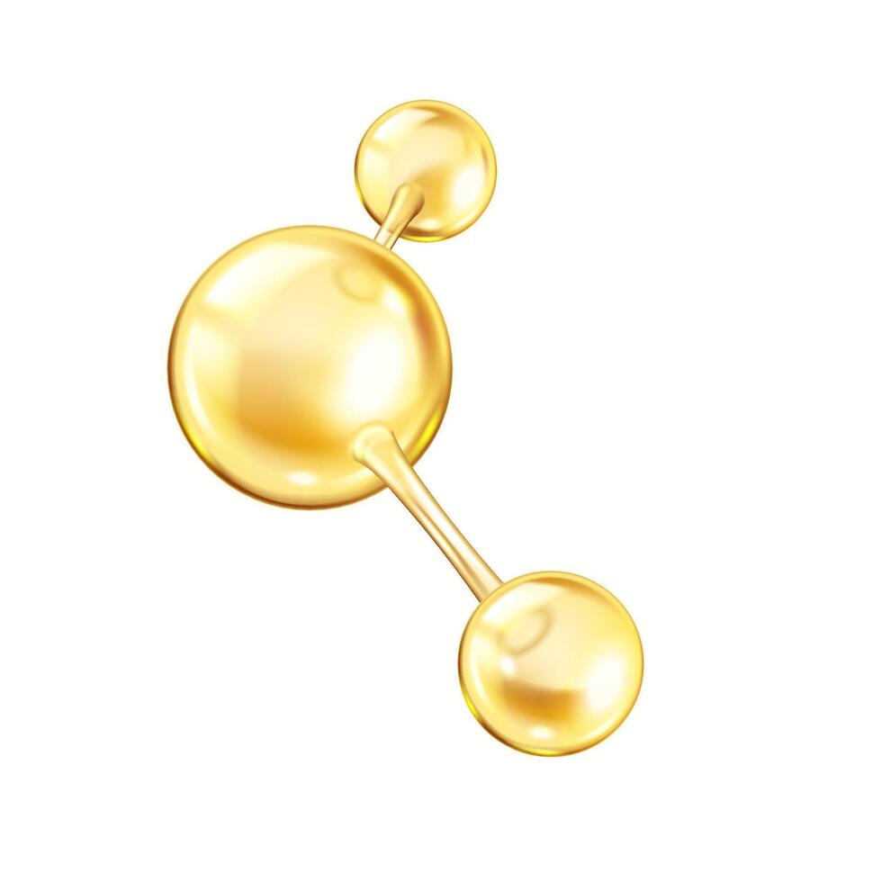 Natural golden collagen molecule model realistic illustration. Complex chemical structure from spheres for students study 3d object on white vector