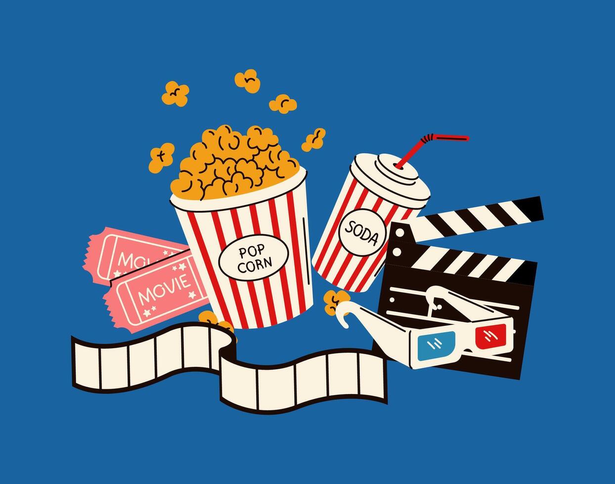 Illustration of a classic movie night setup featuring popcorn, soda, film tickets, and a clapperboard, designed in a fun and modern style. vector
