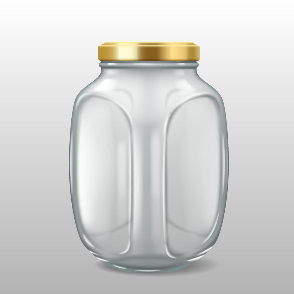 3D realistic illustration of a large glass jar with an embossed pattern and a gold lid. Ideal for food storage and decorative purposes. vector