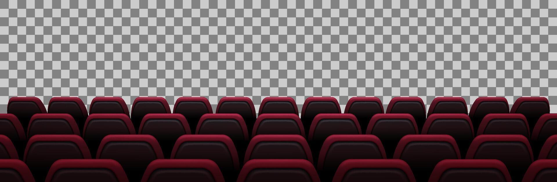 A realistic 3D illustration of a cinema's back row view, showing dark red seats arranged for a premium viewing experience. The background makes it adaptable for various uses. vector