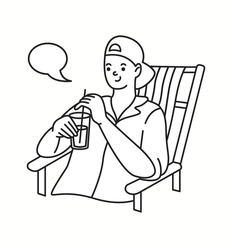 A young man enjoying a cold drink on a beach chair, talking with a speech bubble, expressing relaxation and summer fun in a black and white doodle-style illustration. vector