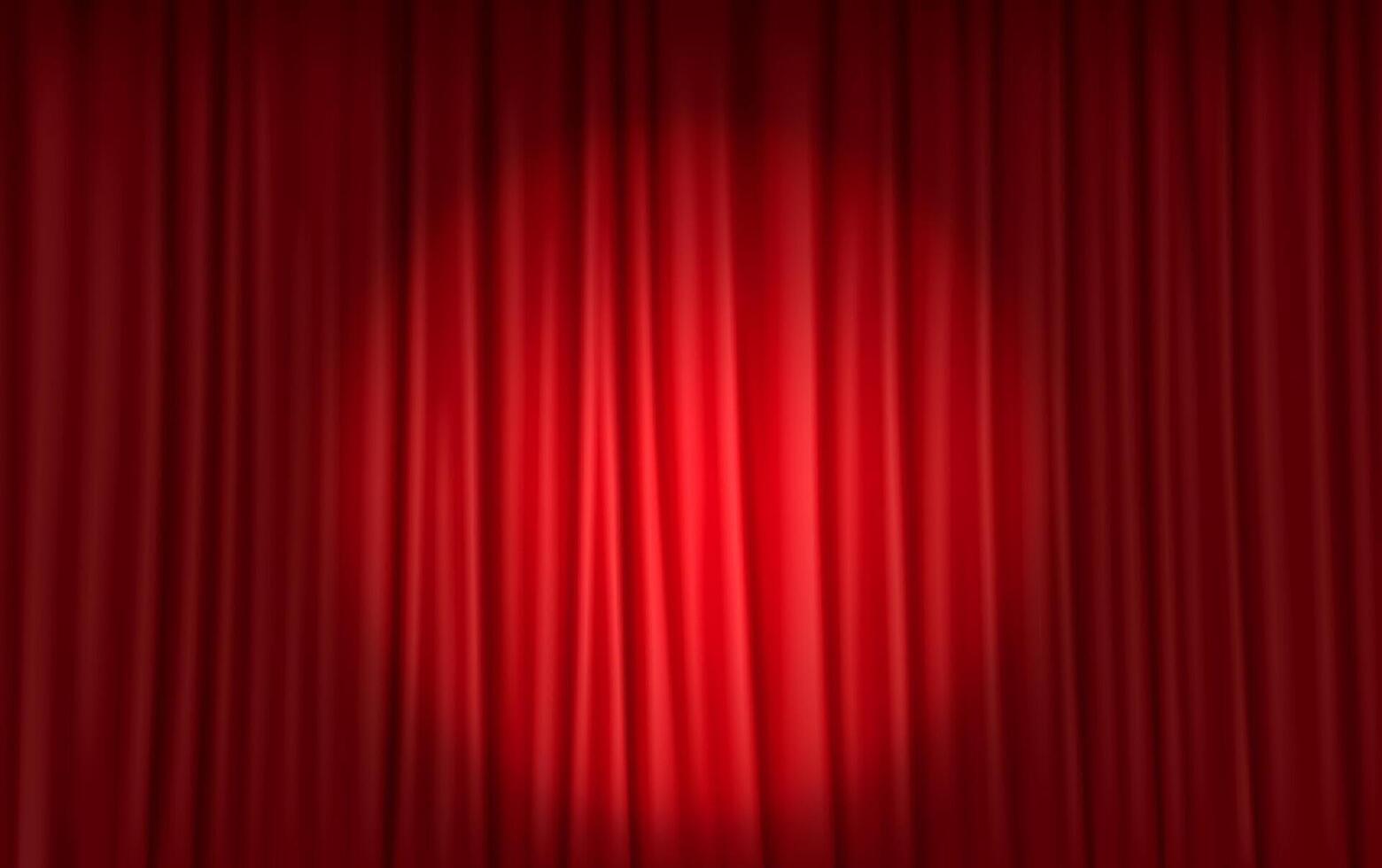 3D realistic illustration of red stage curtains with a dramatic spotlight effect, ideal for theater productions, cinematic openings, and stage events. vector