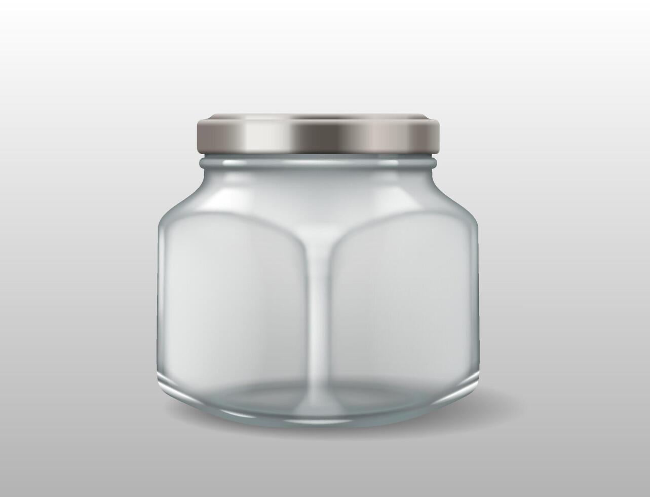 3D realistic illustration of a hexagonal glass jar with a silver metal lid. Perfect for honey, jam, spices, and kitchen storage. vector