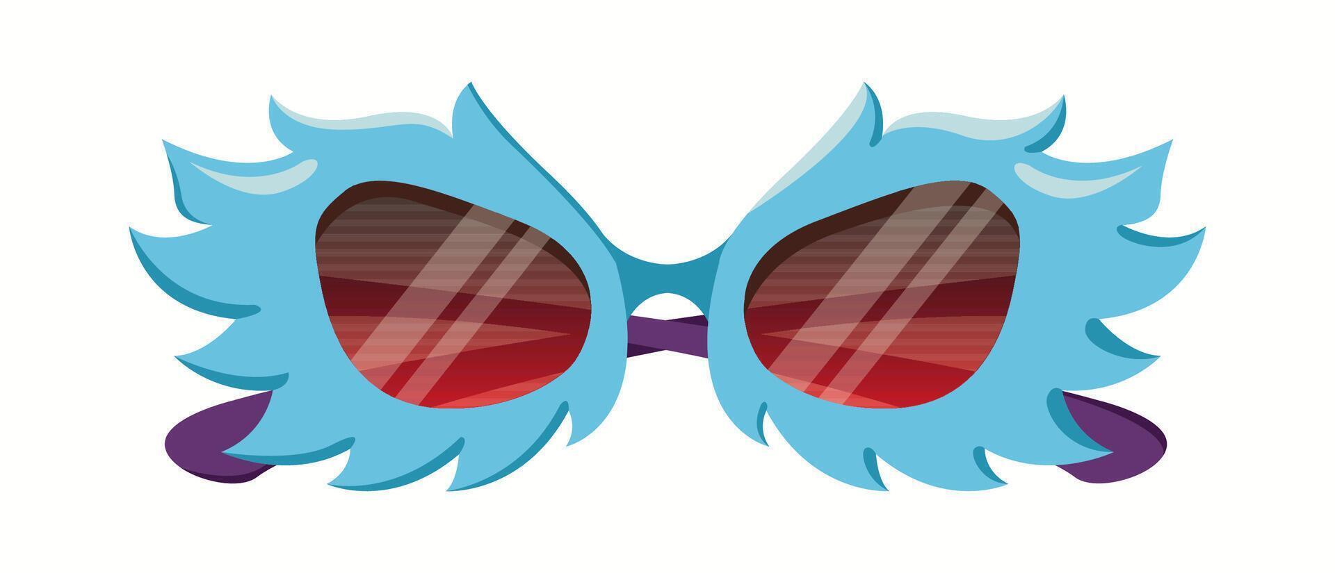 Bold blue sunglasses with an extravagant feather-like design and red gradient lenses. A unique and artistic fashion accessory for statement looks. vector