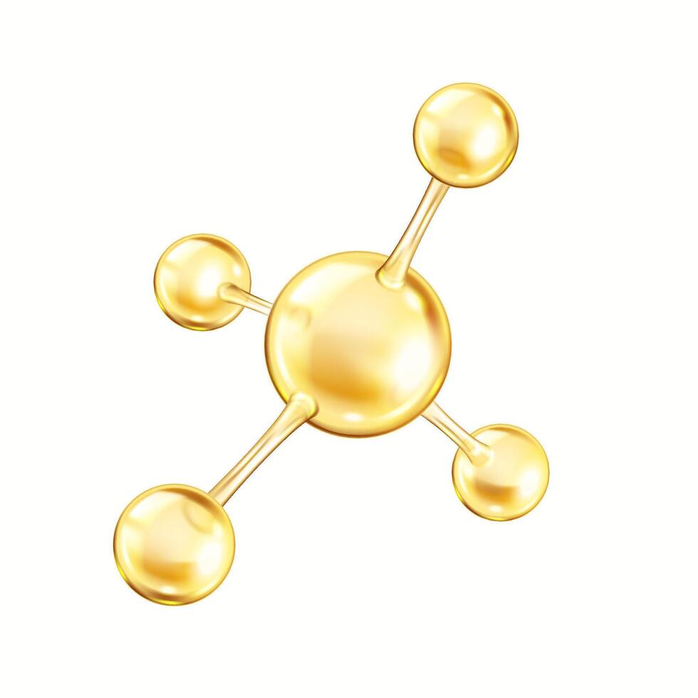 Rotating collagen molecular structure from connected golden spheres realistic illustration. Chemical model for research 3d object on white vector