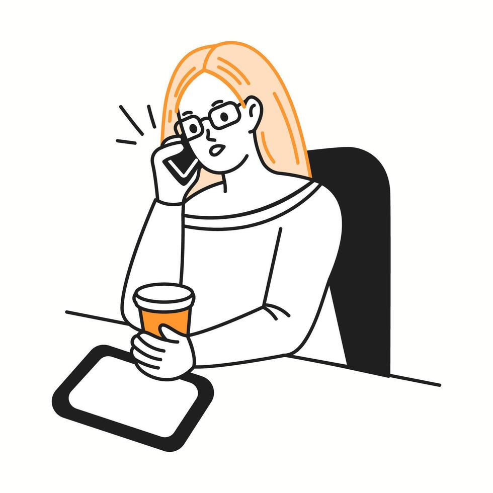 Woman office worker talks on phone holding coffee cup orange color linear icon. Female at desk with tablet character doodle illustration vector