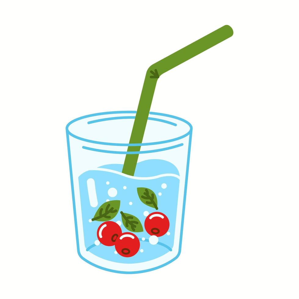 Illustration of a glass filled with water, red berries, green leaves, and a drinking straw, promoting natural hydration. vector