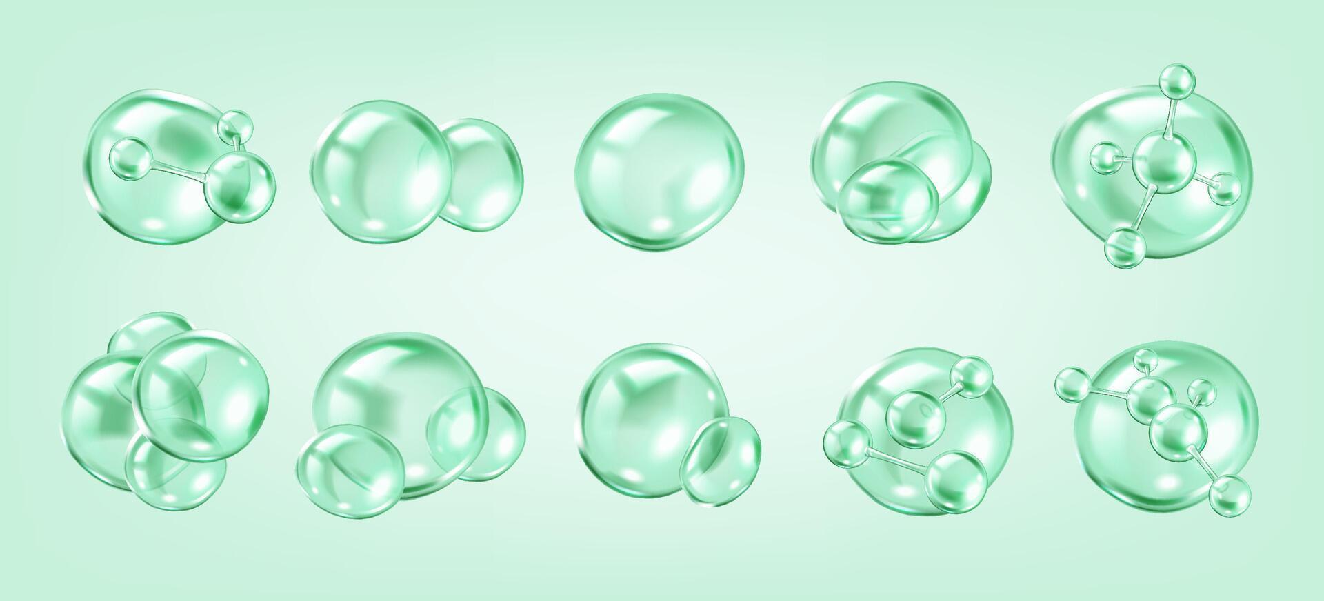 Collagen molecules bouncing inside bubbles realistic color icons set. Skincare scientific 3d objects bundle on green background vector