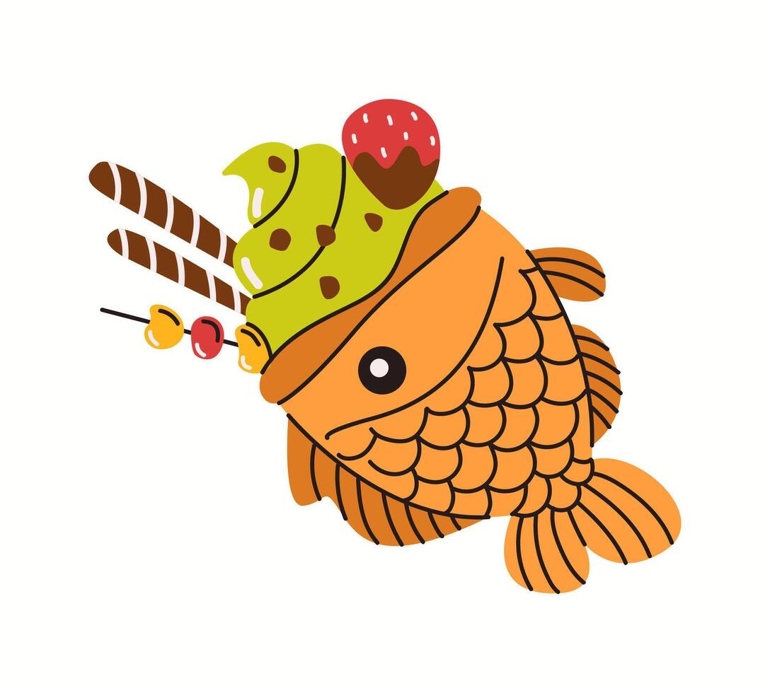 Illustration of a delicious Japanese taiyaki fish-shaped dessert filled with green tea ice cream and topped with sweet decorations in a fun style. vector