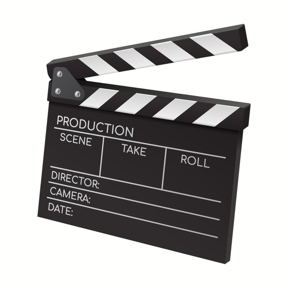 Realistic 3D illustration of a black and white director's clapperboard, an essential tool in film production for marking scenes and takes in professional filmmaking. vector