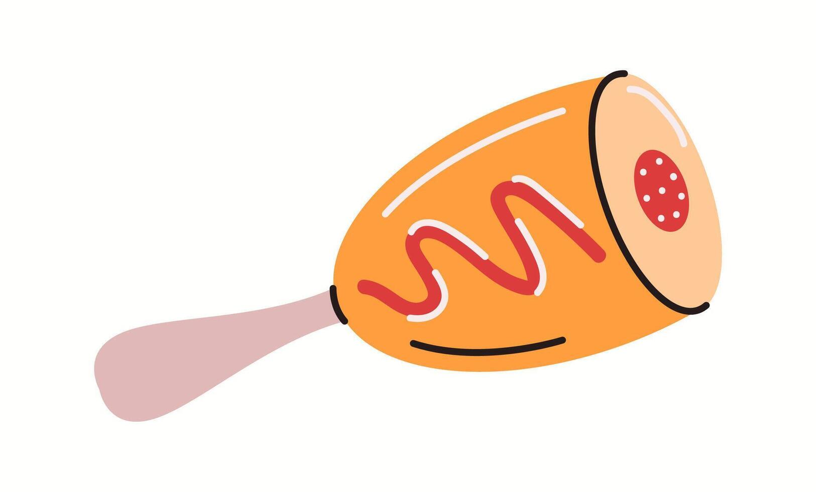 Illustration of a crispy Korean-style corn dog, drizzled with ketchup and mustard, a popular Asian street food snack, drawn in a fun and modern style. vector