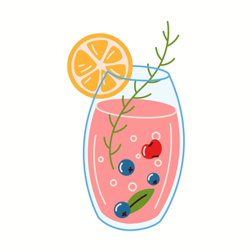 Flat illustration of a fruit-infused kombucha drink in a glass with citrus, berries, and herbs. A fresh and healthy probiotic beverage concept. vector