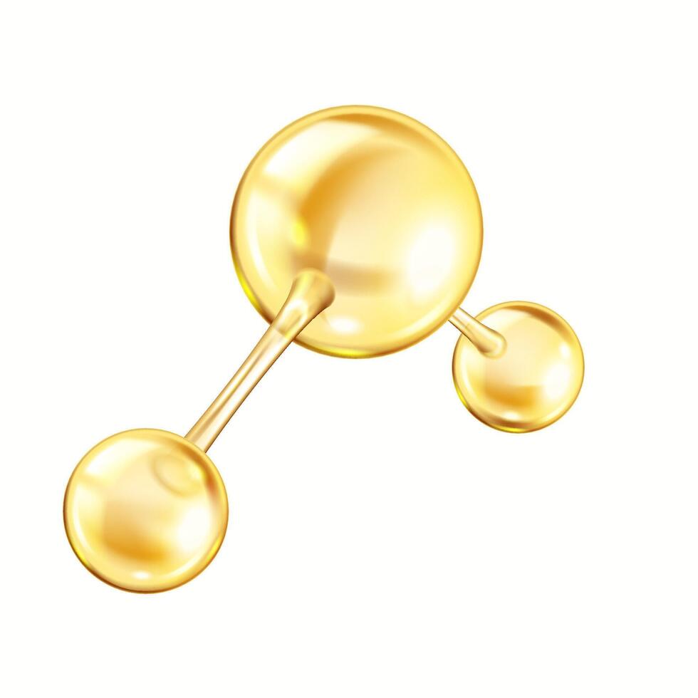Shining golden collagen molecule structure realistic illustration. Model consists of spheres reflecting bonds 3d object on white vector