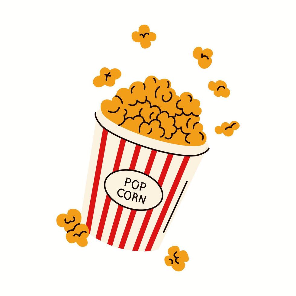 Illustration of a classic popcorn bucket with red and white stripes and popping kernels. Flat design for cinema and snack themes. vector