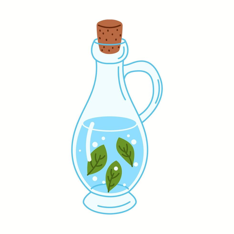 Illustration of a glass jug filled with fresh water and green leaves, emphasizing herbal infusion and natural hydration benefits. vector