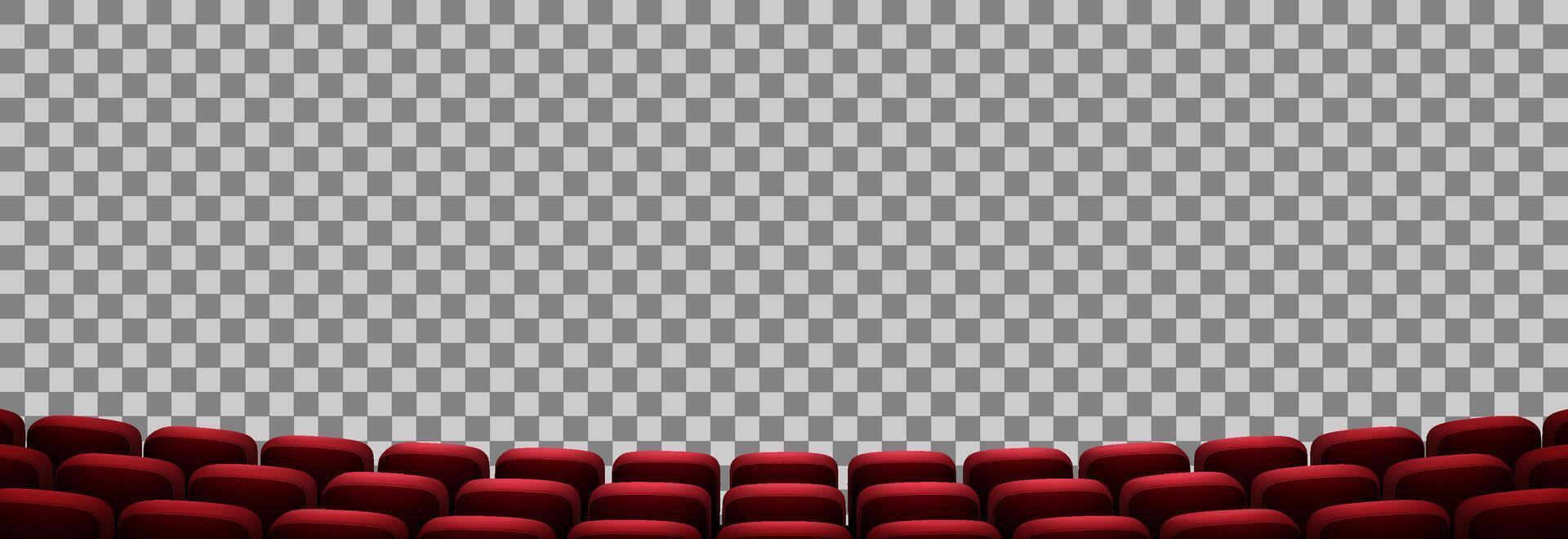 A high-quality 3D illustration showing the front row perspective of red velvet cinema seats. The arrangement creates a sense of depth and immersion. vector